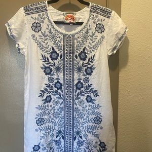 JOHNNY WAS white dress with blue flower embroidery.